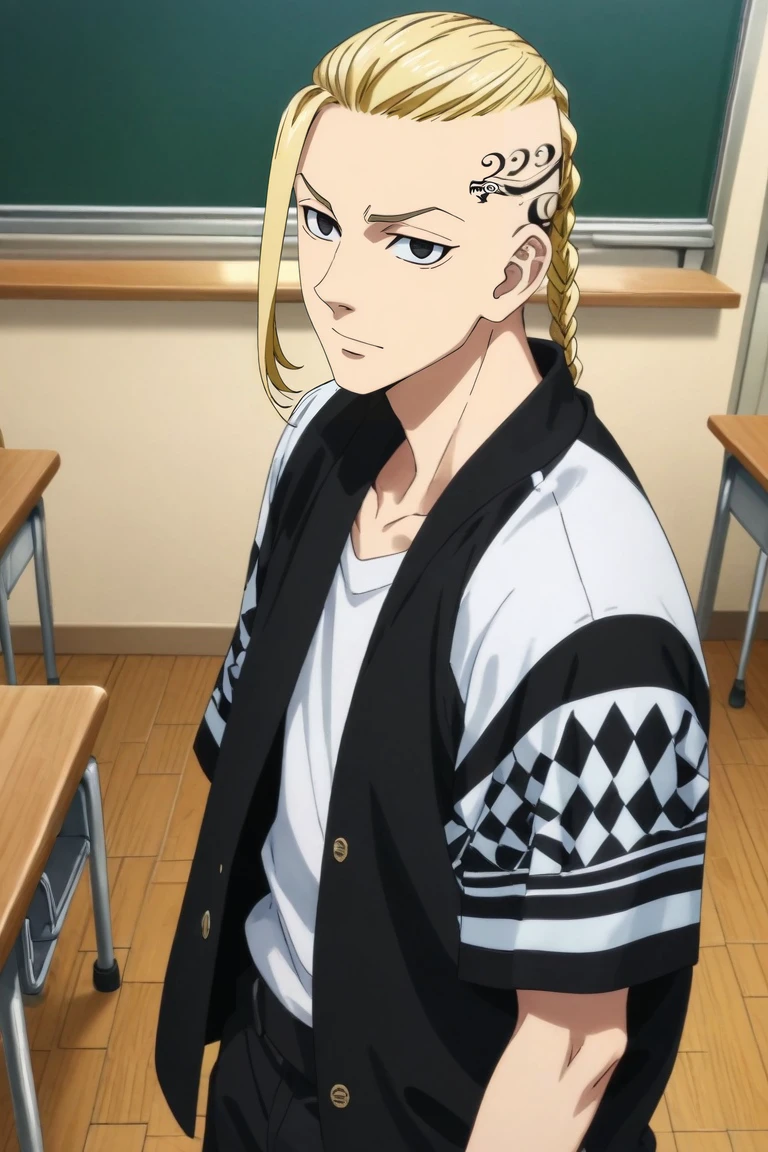 score_9, score_8_up, score_7_up, source_anime, rating_safe, , (realistic:0.6), looking at viewer, , 1boy, solo, male focus, <lora:ken_ryuuguuji_pony:1>, ken_ryuuguuji, blonde hair, black eyes, braid, single braid, braided ponytail, tattoo, long hair, from above, classroom, day, clouds, knees together feet apart, sparkling eyes, , <lora:sdxl_lightning_8step_lora:1>