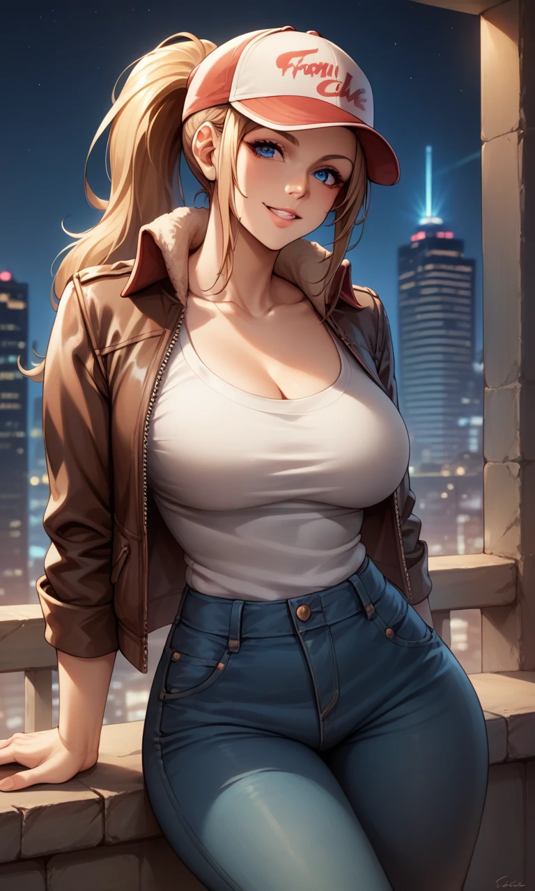 score_9, score_8_up, score_7_up, score_6_up, source_anime, BREAK masterpiece, FCTerry, baseball cap, blue eyes, breasts, ponytail, smile, parted lips, cityscape, night, brown bomber jacket, white shirt, jeans, looking at viewer, fur-trimmed jacket, long sleeves, 