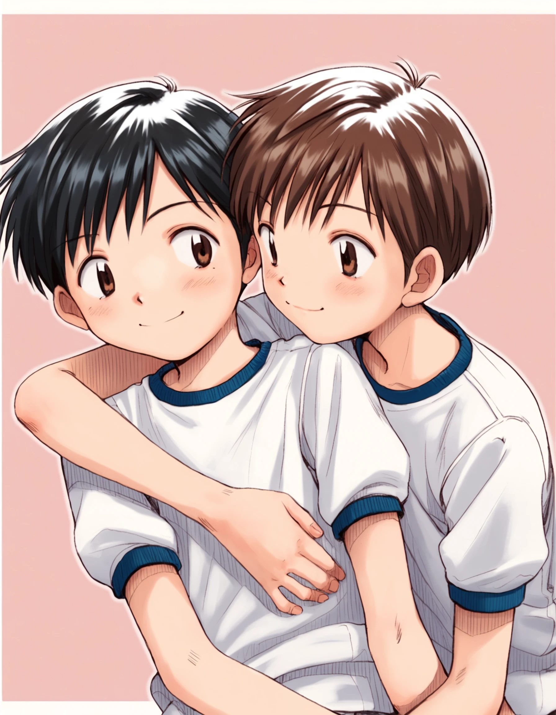 score_9, score_8_up, score_7_up, score_6_up, source_anime, pink background, white border, white outline, 2boys, young, smile, brown hair, black hair, brown eyes, gym uniform, hug, upper body <lora:boys_factoryXL_AMXL_v3b:0.9>