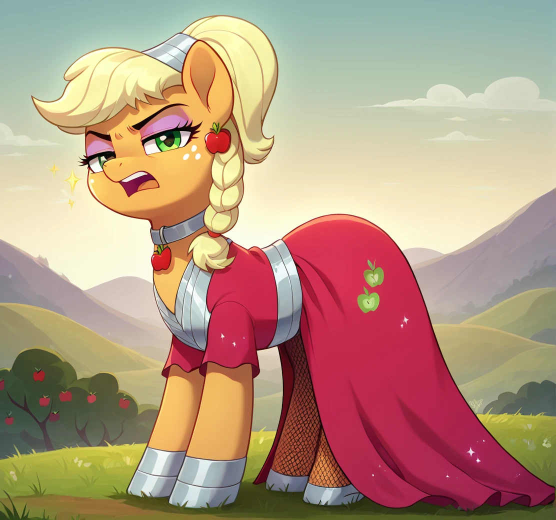 score_9, score_8_up, score_7_up, solo, source_anime, 8k, absurdres, pony, (applejack:1.1),(eyeshadow:1.3),  (sparkle's seven:1.3),
bustier, (decorated bustier:1.3), looking at you, landscape, dress, pouting, annoyed, tongue out, open mouth, heart earrings,
choker, collar, straps, fishnets, <lora:Rainbow_dash_tall_hairdo:0.9>