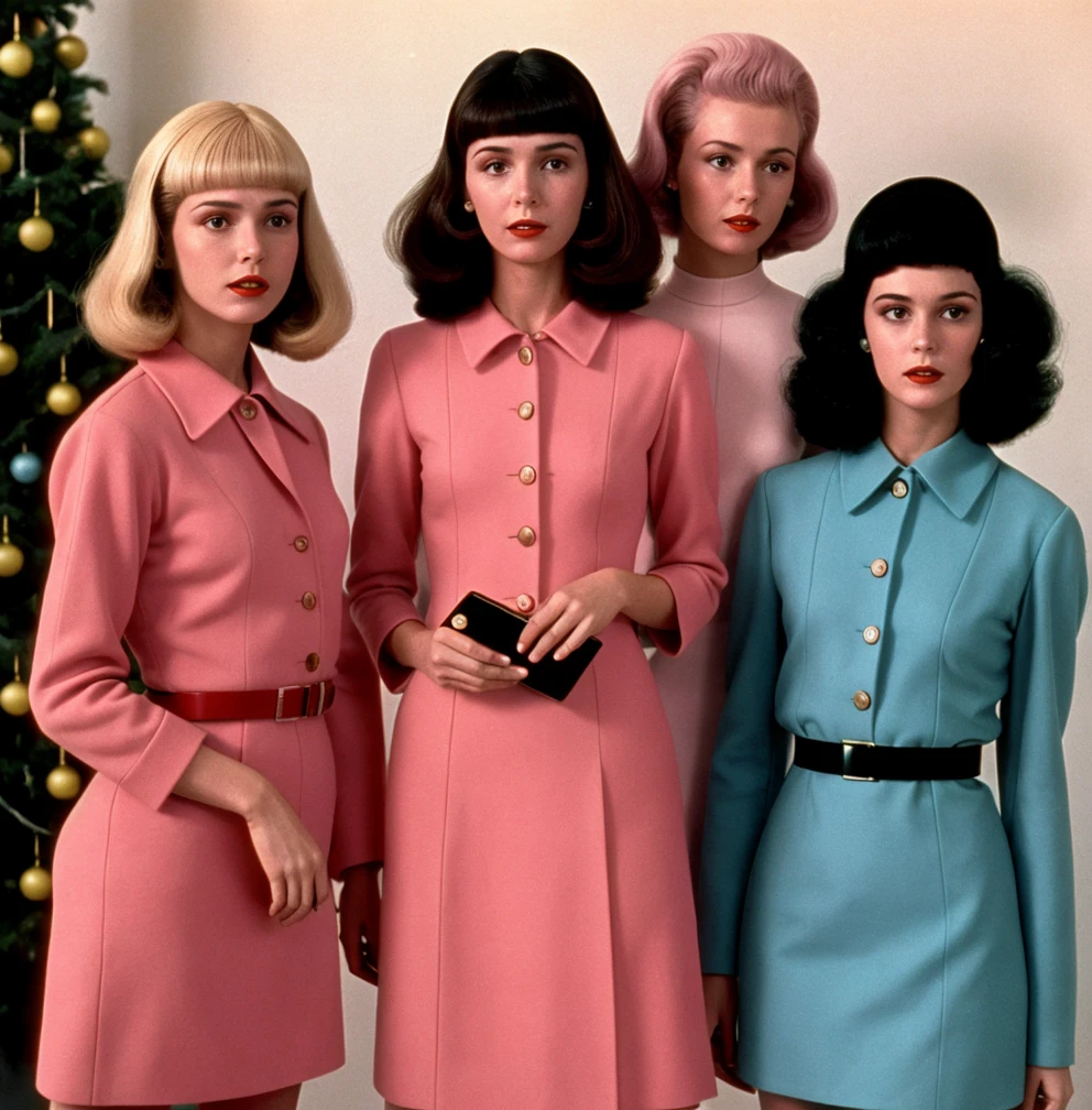 4k image from a 1970s science fiction film, imagem real, Estilo Wes Anderson, pastels colors, a man between two women wearing retro-futuristic fashion clothes and futuristic technological ornaments and devices, Luz Natural, cinemactic, Psicodelia, futurista estranho, retro-futurista,