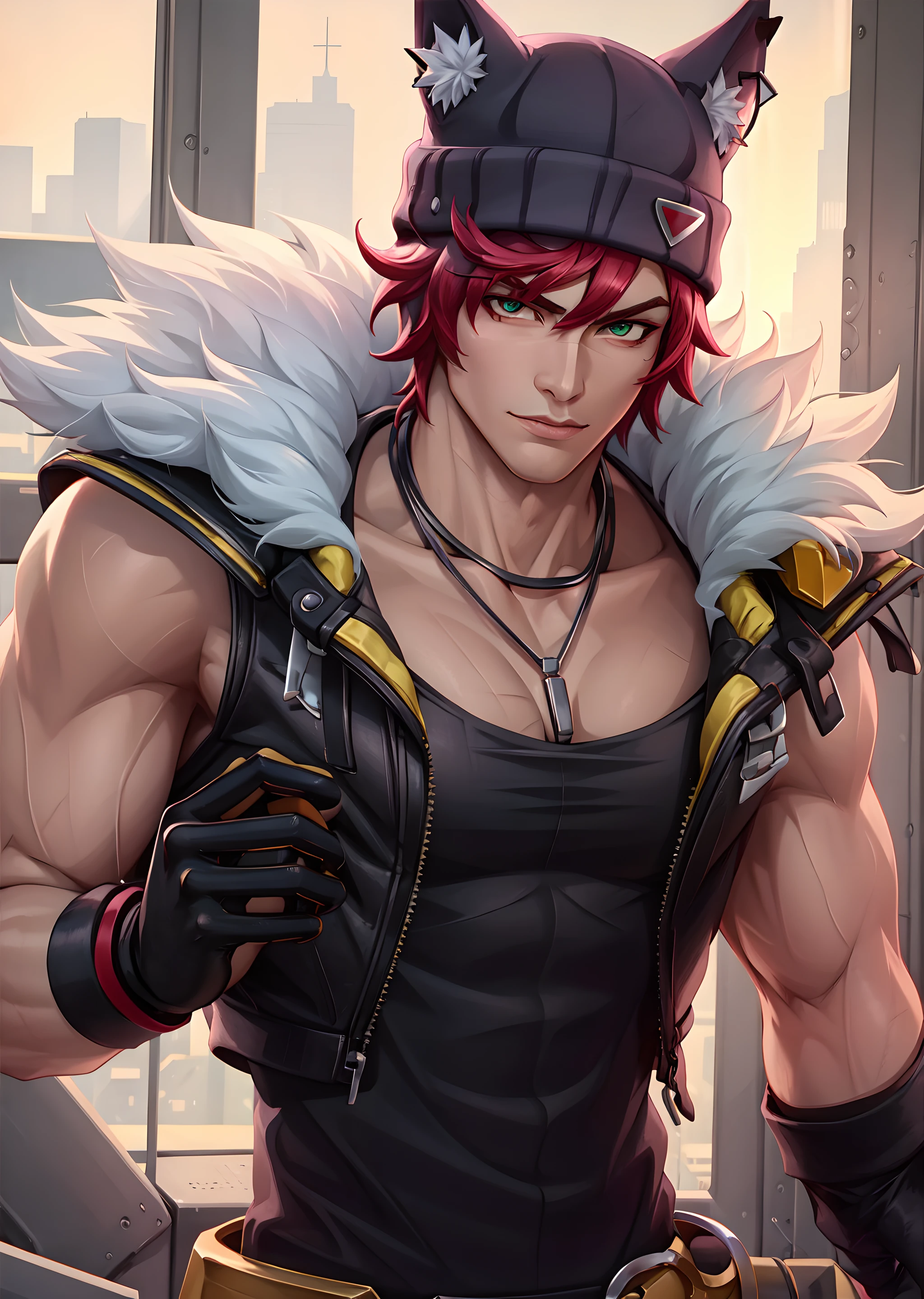 sharp lighting, dramatic, vibrant, 8k hdr, dslr, (best quality), (masterpiece),
<lora:Heartsteel_Sett2:0.74>, hs sett, solo, green eyes, gloves, 1boy, jewelry, jacket, upper body, male focus, red hair, sleeveless, black gloves, necklace, fur trim, muscular, pectorals, muscular male, bara, animal ear fluff, animal ears, black headwear,animal hat