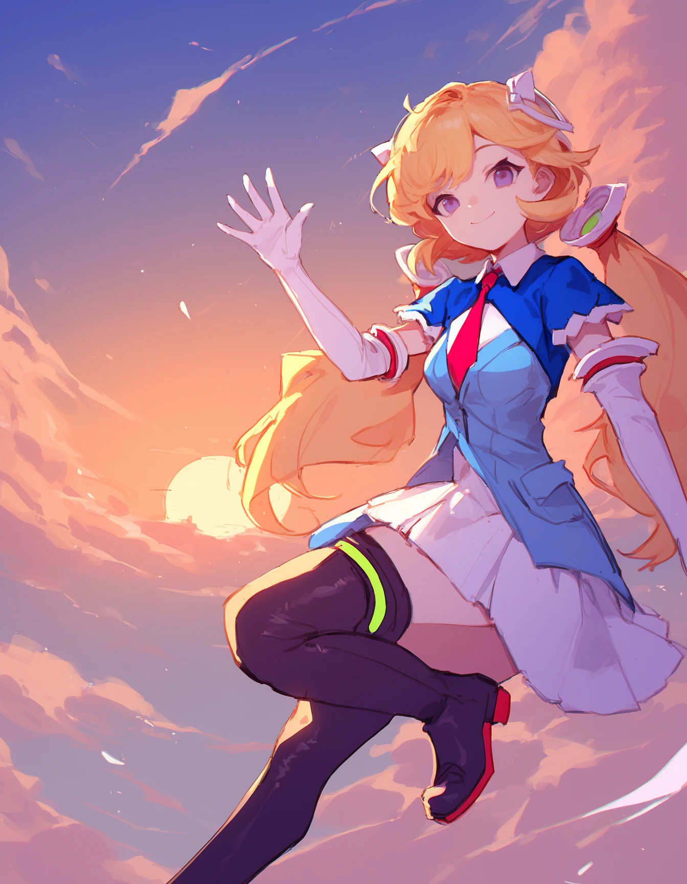 source_anime, score_9, score_8_up, score_7_up,
<lora:akirose_pony_v01a02ep17_resize32:1>
akiFirst, detached hair, low twintails, blonde hair, gradient eyes, purple eyes, headgear, elbow gloves, white gloves, black footwear, thigh boots, white skirt, blue jacket, white skirt, overskirt, red necktie, collared dress, shrug \(clothing\),
1girl, solo, cloudy sky, golden hour, sunset, full body, leg up, waving, smile