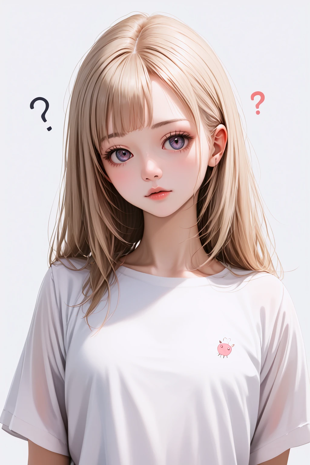 score_9,  best quality, realistic
1girl,white background,(tilt head:1.2),question,upper body,t-shirt,