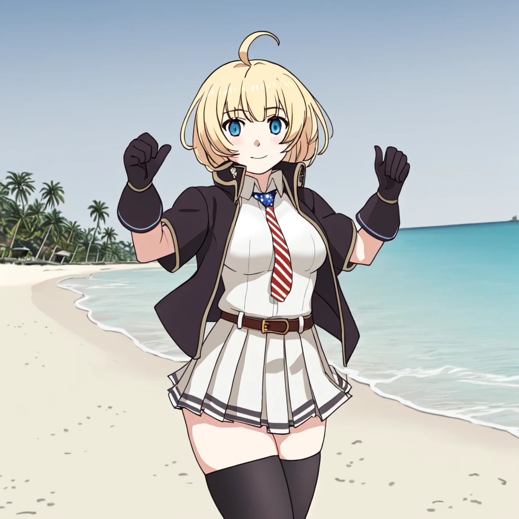 <lora:M1911_Girls_Frontline:1> m1911, american flag tie, blue_eyes, blonde_hair, short_hair, bangs, gloves, jacket, shirt, ahoge, pleated_skirt, belt, black footwear, thighhighs, beach cowboy shot
