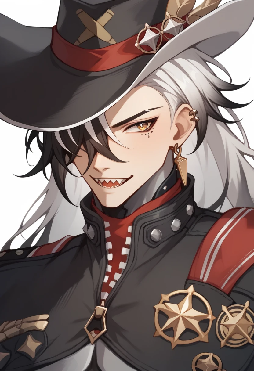 score_9,score_8_up,score_7_up,<lora:boothill_pony:1>,1boy,black_armor,black_eyes,black_hair,black_hat,black_jacket,black_pants,boothill_\(honkai:_star_rail\),brown_belt,bullet_in_mouth,chain,commentary_request,cowboy_hat,cowboy_shot,crosshair_pupils,hair_between_eyes,hand_on_own_hip,hat_feather,highres,holding_hat,holstered,looking_at_viewer,male_focus,mechanical_arms,mechanical_hands,mole_under_eye,multicolored_hair,multiple_moles,red_pupils,red_scarf,red_shirt,revolver,simple_background,solo,tunzipped,very_long_hair,white_background,white_hair,