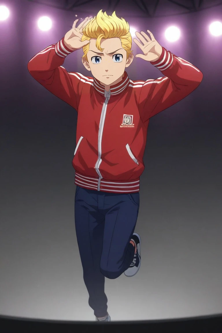 score_9, score_8_up, score_7_up, source_anime, rating_safe, intricate details, (realistic:0.6), looking at viewer, depth of field, 1boy, solo, male focus, <lora:takemichi_hanagaki_pony:0.92>, takemichi_hanagaki, blonde hair, blue eyes, faux hawk, straight-on, full body, concert, stage, stage lights, idol, day, clouds, jumping, wavy mouth, track jacket,, <lora:sdxl_lightning_8step_lora:1>