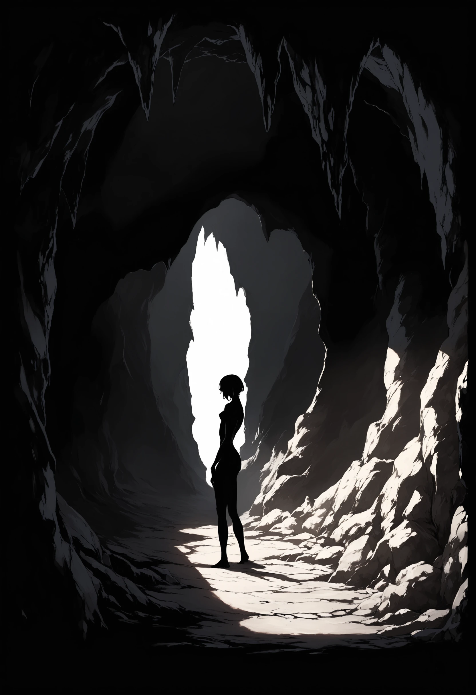 masterpiece,best,great,1girl,solo,contrast composition,silhouette,cave,