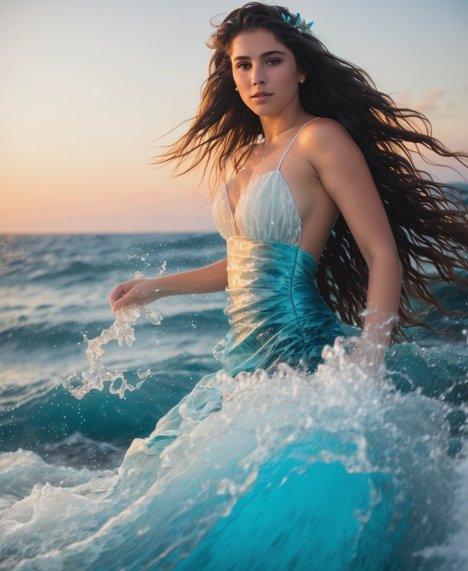 RAW photo, subject, 8k uhd, dslr, high quality, film grain, Fujifilm XT3, professional photo, (detailed skin:1.3), high quality, woman emerging out of the water, fantasy photography, woman disapperaring into water, myth of aphrodite, shore, shortly before sunrise, sky getting brighter, alone, (stepping out of the violent waters), (dress made out of the ocean:1.3), beautiful goddess,  <lora:Ivan_Aivazovsky:0.59> , painting by ivan aivazovsky, photo of the sea, ocean, cloud, scenery, translucent water, (solo focus, portrait:1.3), dark sea, high contrast, brown eyes, reflective, shades of blue, crashing waves, (white wavy hair:1.35), white long hair, turquoise, aqua,