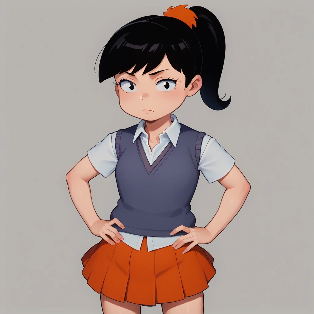 score_7_up, BREAK, source_cartoon, Akiko Yoshida, 1girl,  solo, black hair, ponytail, <lora:Akiko_Yoshida_PXL_Leaf2:1> , sweater vest, white shirt, school uniform, orange skirt, hands on own hips, polka dot background,