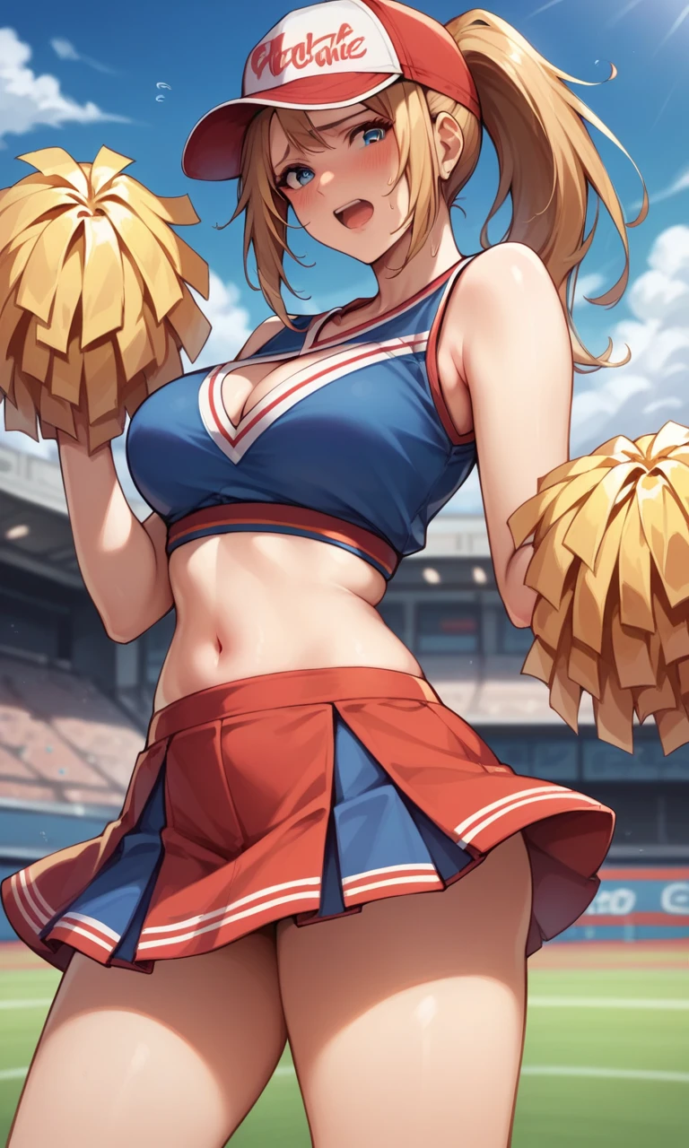 score_9, score_8_up, score_7_up, score_6_up, source_anime, BREAK masterpiece, FCTerry, baseball cap, blue eyes, breasts, ponytail, blush, cheerleader, blue clothes, skirt, pom pom (cheerleading), open mouth, nervous, looking at viewer, stadium, navel