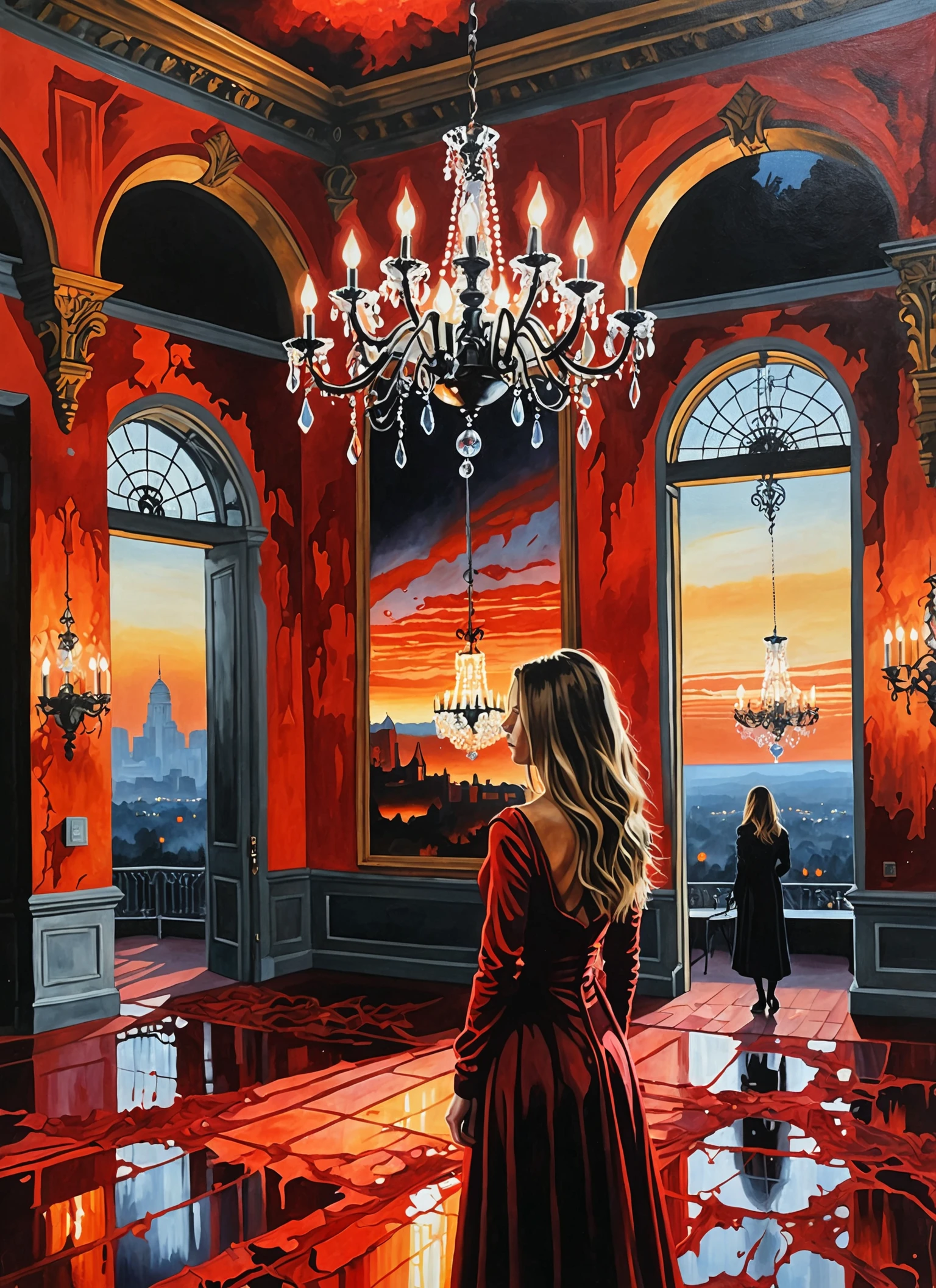 Stunning photorealism in Medium view acrylic painting, (Woman gazing at Chandelier-lit Ballrooms:1.2), Red hues from setting sun, Scattered remnants of mechas, (Ominous battlefield:1.3), Hooded figure emanating vengeance