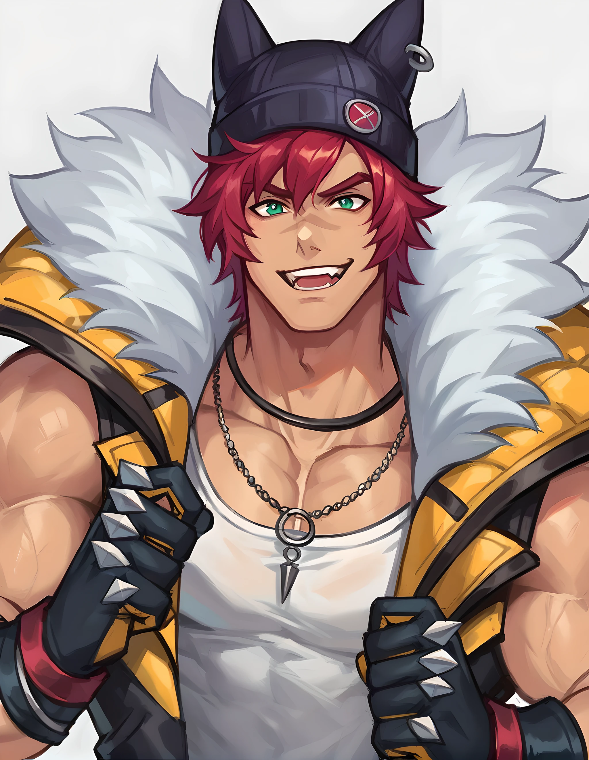 score_9, score_8_up, score_7_up, <lora:Heartsteel_Sett2:0.75>, hs sett, solo, green eyes, gloves, 1boy, jewelry, jacket, upper body, male focus, red hair, sleeveless, black gloves, necklace, fur trim, muscular, pectorals, muscular male, animal ears, black headwear, animal hat, white tank top, smile, upper teeth