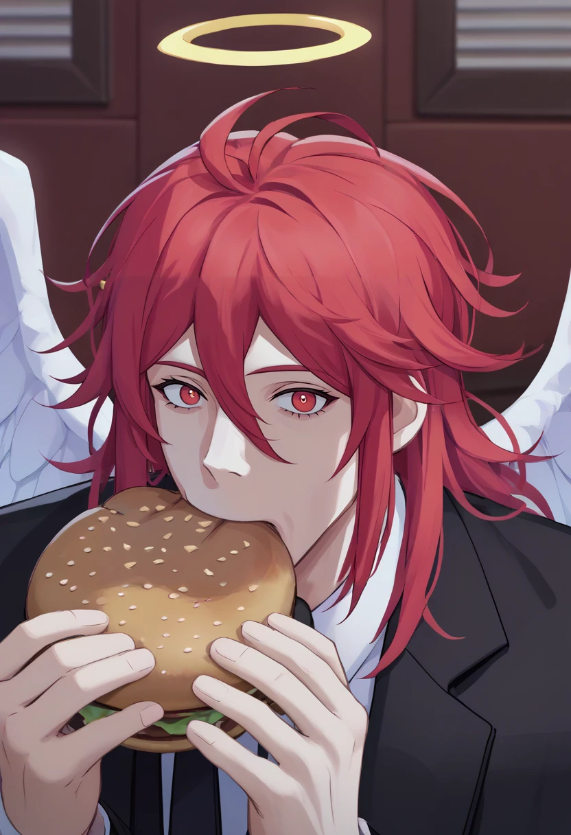 score_9, score_8_up, score_7_up, source_anime, solo, male focus, 1boy, angeldevil, jermaWhopper, eating, burger, looking at you, upper body, red hair, halo, red eyes, formal, black suit, black jacket, white shirt, black necktie, white wings, angel wings, indoors <lora:csm_angeldevil_ponyXL:1> <lora:jermawhopper-pdxl-nvwls-v1:1>