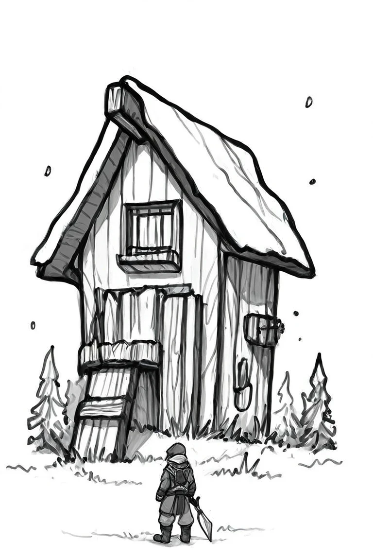 flvcil15 style <lora:style_15_line_art_l2-p_flvcil15_style:1>, woman  standing, 
warrior, adorable,
Cozy mountain cabin and snowfall, 
high quality, masterpiece, highres,