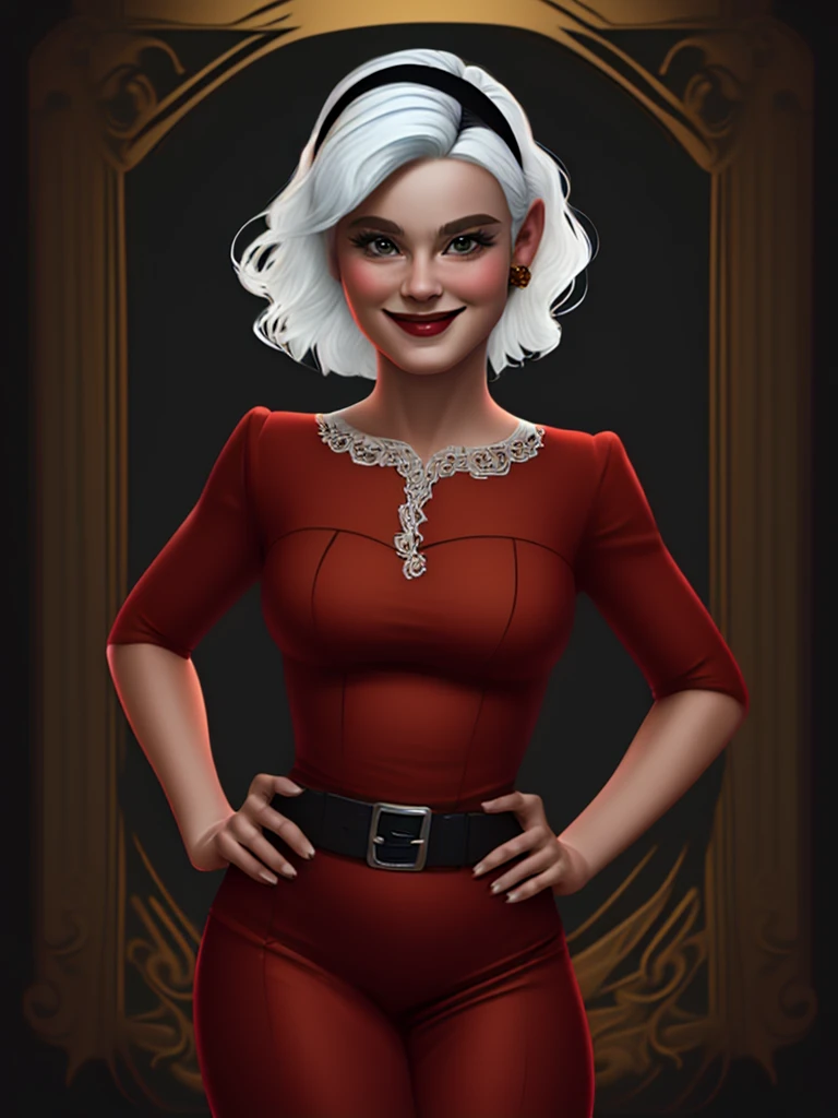 <lora:SabrinaSD1.5:0.8> sabrina, solo, 1girl, white hair, short hair, smile, looking at viewer, red dress, black hairband,, looking at viewer, hand on own hip, cowboy shot,