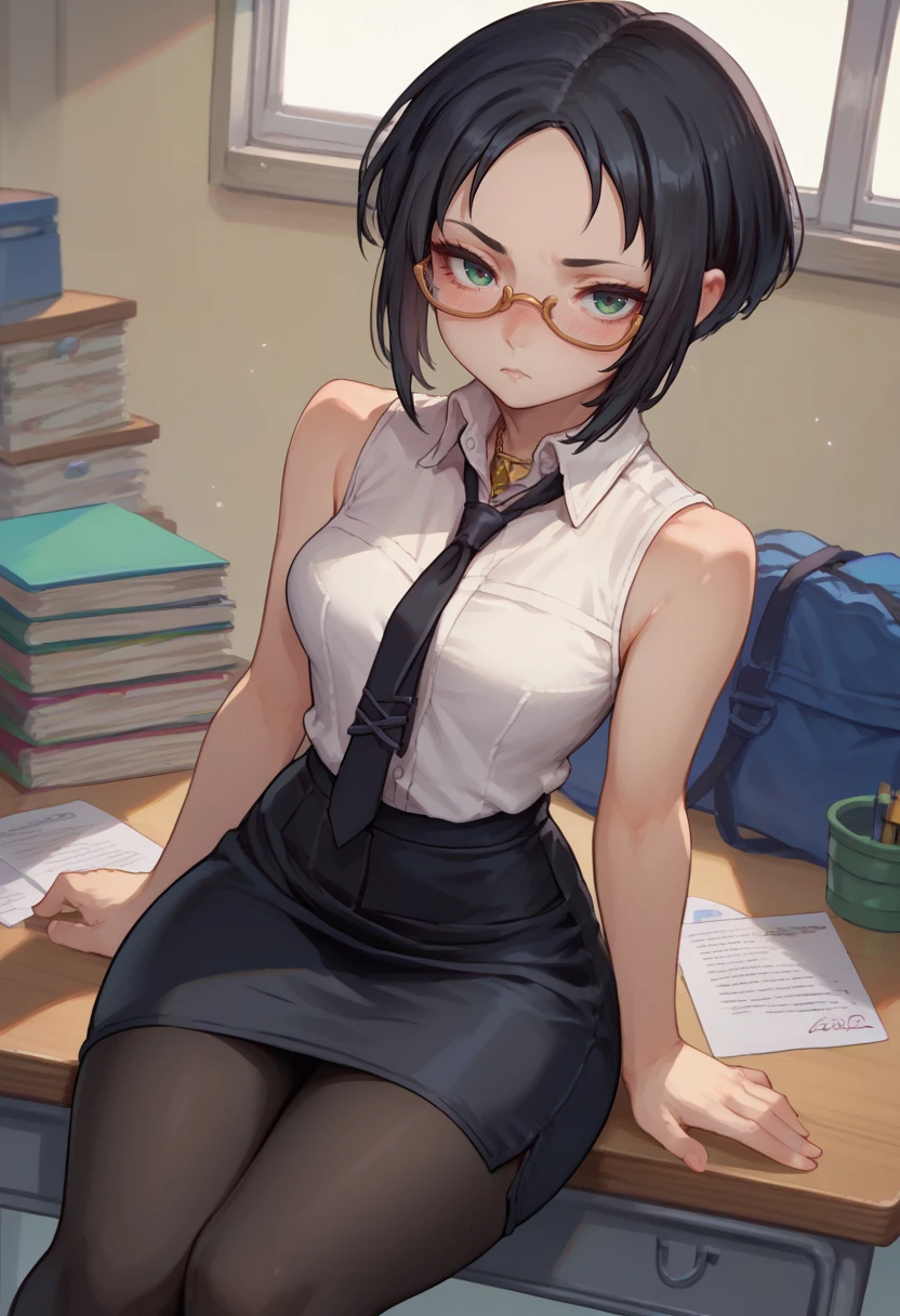 score_9, score_8_up, score_7_up, solo, 1girl, p4marie, blush, expressionless, looking at viewer, sitting on desk, black hair, green eyes, glasses, white shirt, sleeveless shirt, black necktie, black skirt, pencil skirt, black pantyhose, bare shoulders, indoors, office <lora:persona4_marie_ponyXL:1>