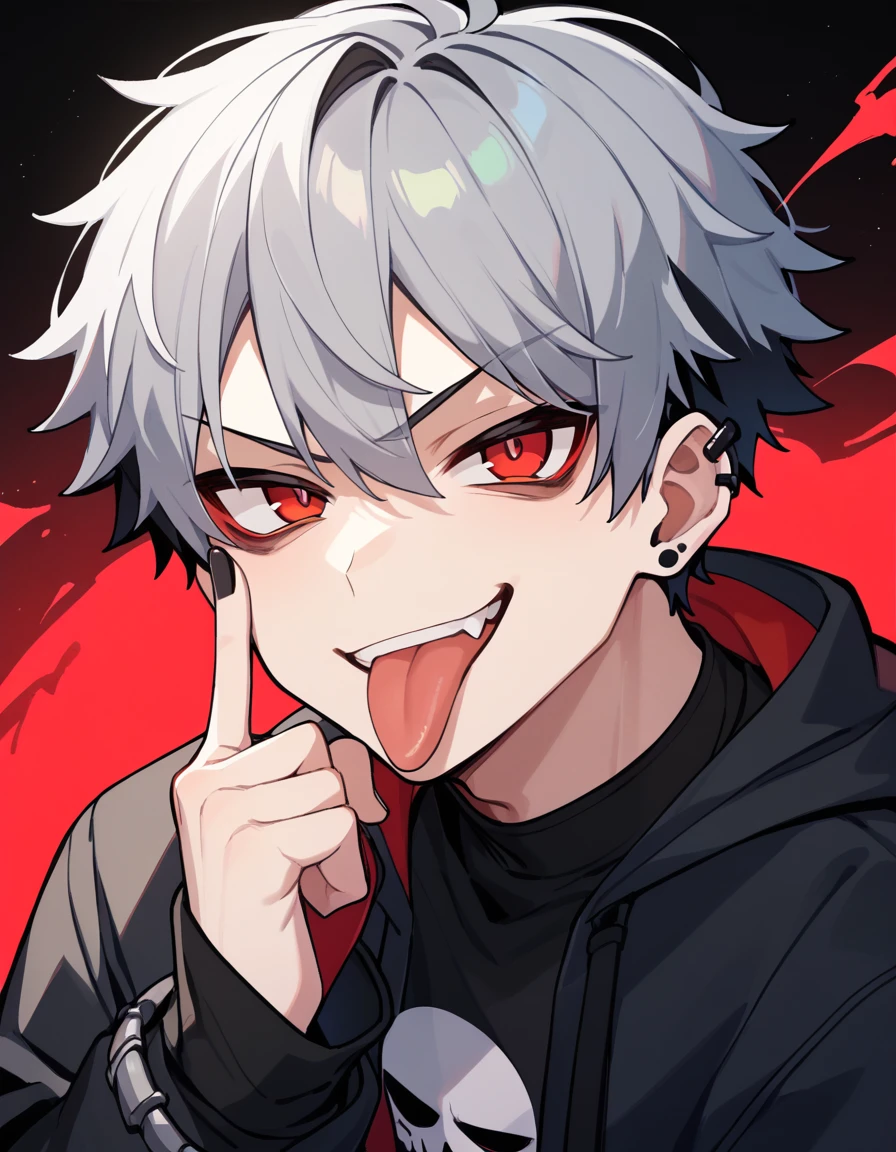 score_9,score_8_up,score_7_up,score_6_up, score_5_up , source_anime, 1boy, grey hair, red eyes, goth, emo, smug, tongue out, eyelid pull, akanbe, finger to eyelid, <lora:akanbe-XL-V1:1>