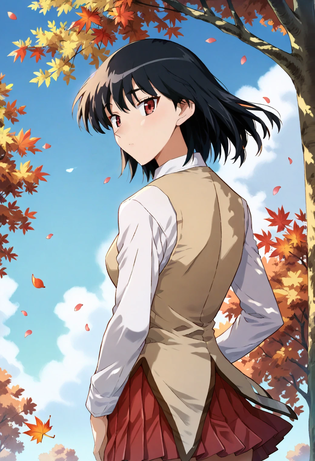 1girl, <lora:tsukamoto_yakumo_ponyxl_DoRA_v4:1>, tyakumo, solo, looking at viewer, cowboy shot, standing, floating hair, from behind, looking back,
school uniform, brown vest, white collared shirt, brown jacket, red pleated skirt, black socks,
tree, cloudy sky, blue sky, autumn, falling petals,
score_9, score_8_up, score_7_up, score_6_up, anime coloring