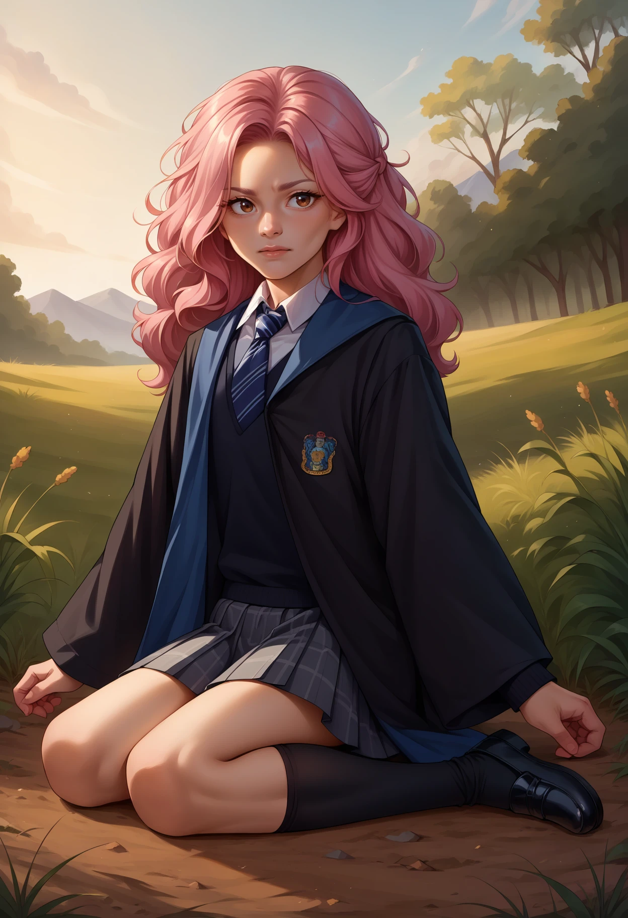 score_9, score_8_up,score_7_up, source_anime,1girl, solo,brown eyes, pink hair, afro, long hair , <lora:EPRobeRavenclaw-10:1>, EPRobeRavenclaw, wearing EPRobeRavenclaw, collared shirt, white shirt, emblem, grey skirt, miniskirt, pleated skirt, plaid skirt, black robe, blue necktie, striped necktie, grey sweater, wide sleeves, long sleeves, black legwear, kneehighs, loafers, sitting on ground, outdoors