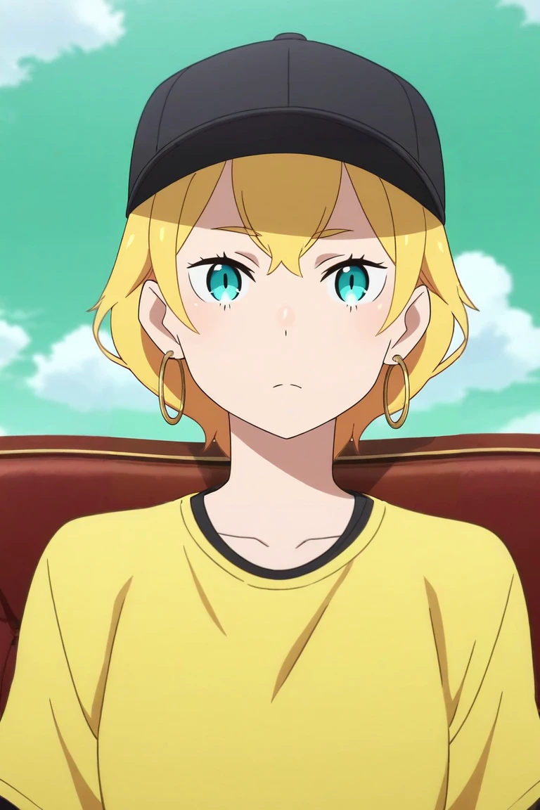 score_9, score_8_up, score_7_up, source_anime, rating_safe, anime screencap, , , , 1girl, aqua eyes, baseball cap, blonde hair, closed mouth, earrings, green background, hat, hoop earrings, jewelry, looking at viewer, shirt, short hair, simple background, solo, upper body, yellow shirt, solo, rule of thirds, living room, couch, day, clouds, knees together feet apart, expressionless, <lora:rezero_style_pony:0.94>, rezero_style, , <lora:sdxl_lightning_8step_lora:1>