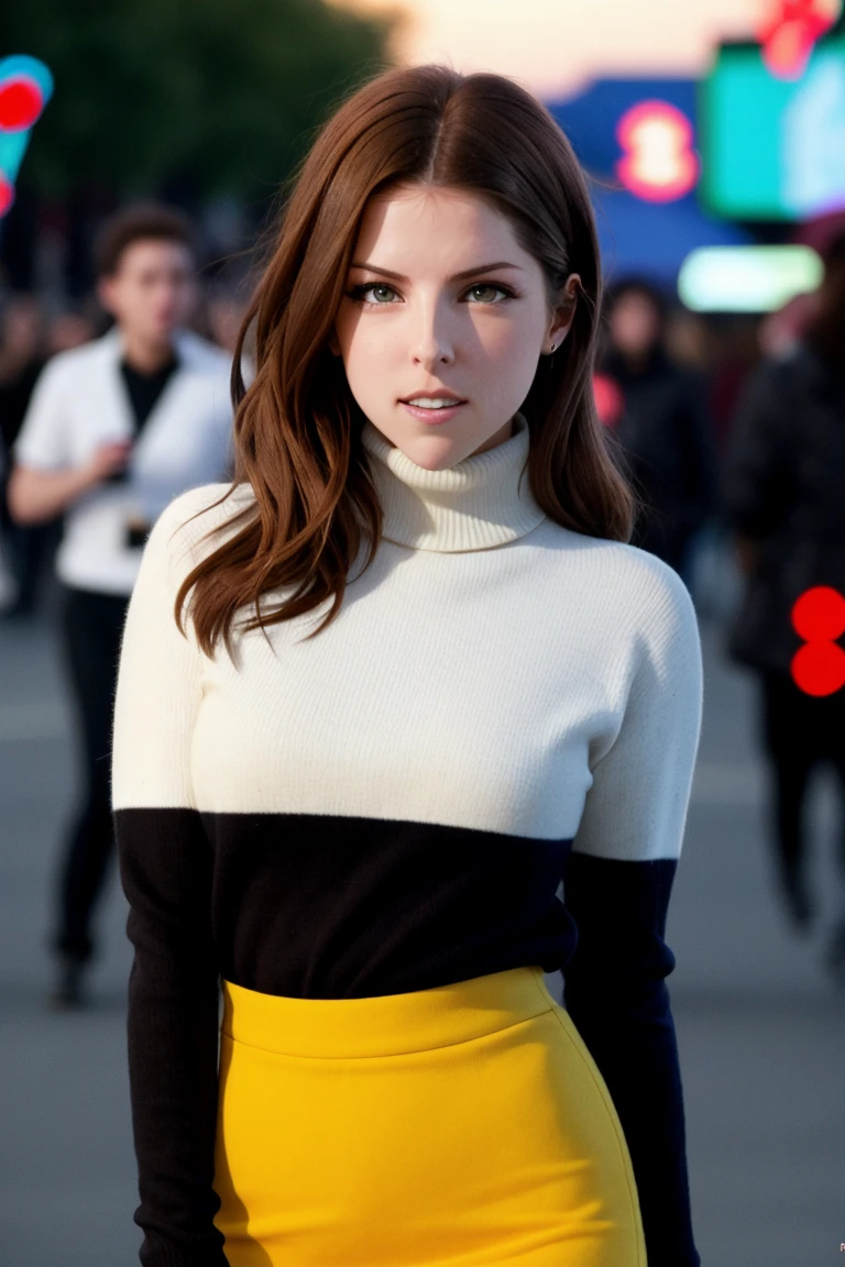 ak, , photo of a woman,  ,beautiful picture, fully clothed, turtleneck sweater, skirt, thighhighs, outside, carnival, festival, sunset, detailed, epic, closeup