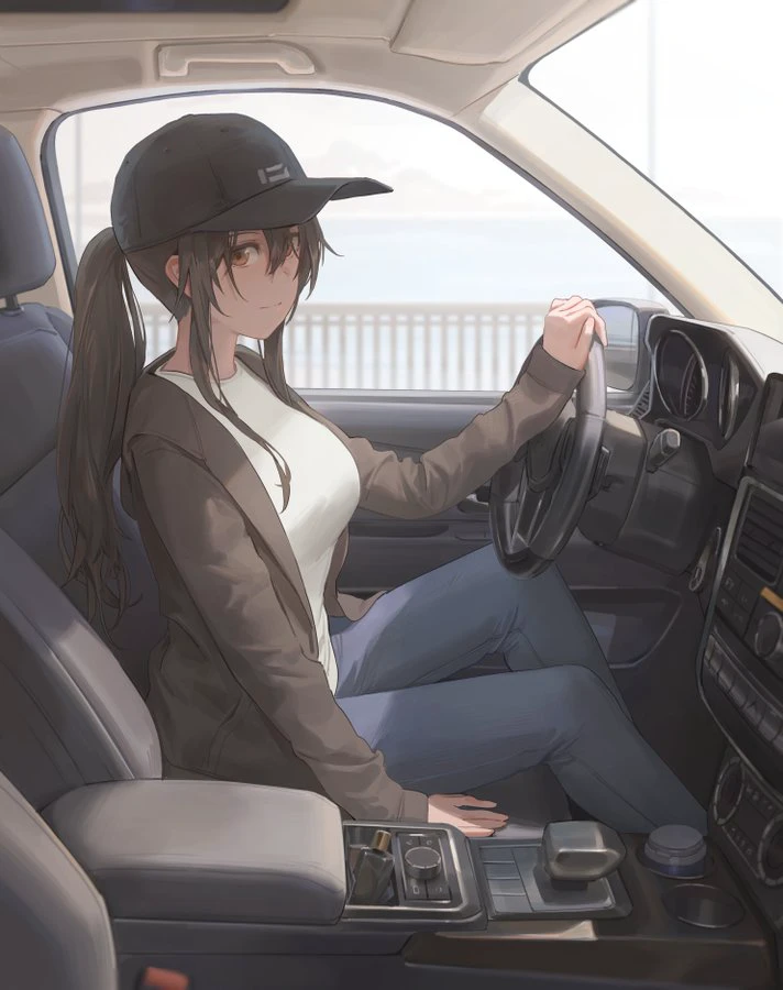 an artist with a lot of imagination puts herself in a drivers seat of a truck, 1girl, car interior, steering wheel, solo, pants, hat, shirt, jacket, brown jacket, brown eyes, ponytail, long hair, breasts, sitting, long sleeves, looking at viewer, white shirt, car, ground vehicle, baseball cap, motor vehicle, open clothes, brown hair, open jacket, closed mouth, jeans, hair between eyes, denim, sidelocks, black headwear, bangs, smile