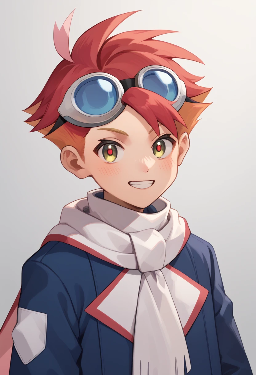 score_9, score_8_up, score_7_up, masterpiece, best quality, amazing quality, best aesthetic, ,absurdres,cute,crispin, multicolored hair, red hair, yellow eyes, red pupils, goggles on head, white with blue scarf, blue open jacket, blue pants, white shirt, blue fingerless gloves, blue with white footwear<lora:EMS-374005-EMS:1.000000>, <lora:EMS-360038-EMS:0.800000>