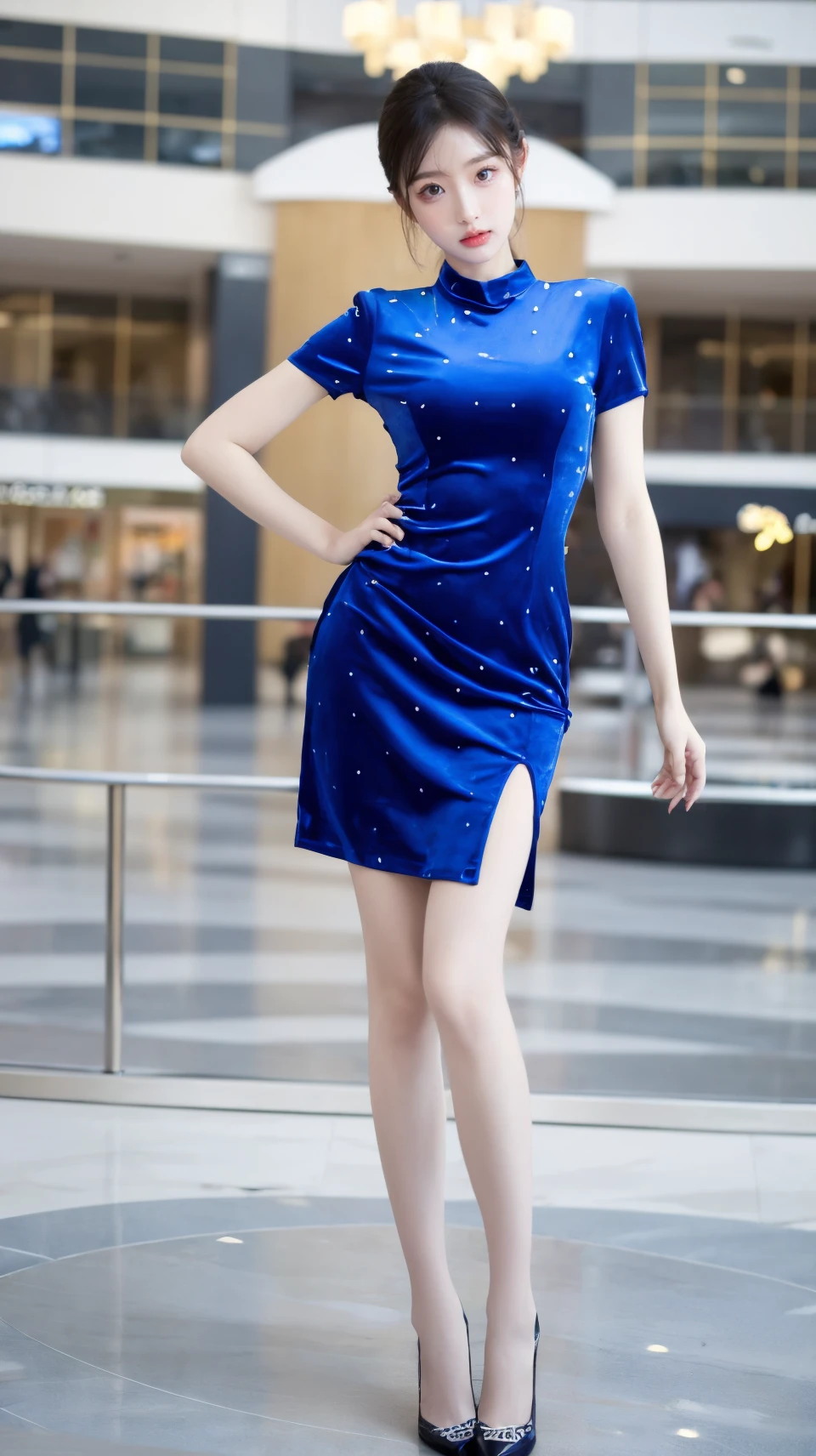 (masterpiece, best quality:1.2),bright colors,solo,photo_,(1girl:1.3),(standing:1.3),(looking at viewer:1.4),Elegant,detailed gorgeous face,(upper body:1.1),realistic,(mall background:1.4),,MIS,blue dress,thighhighs,short sleeves,<lora:MIS69:0.75>