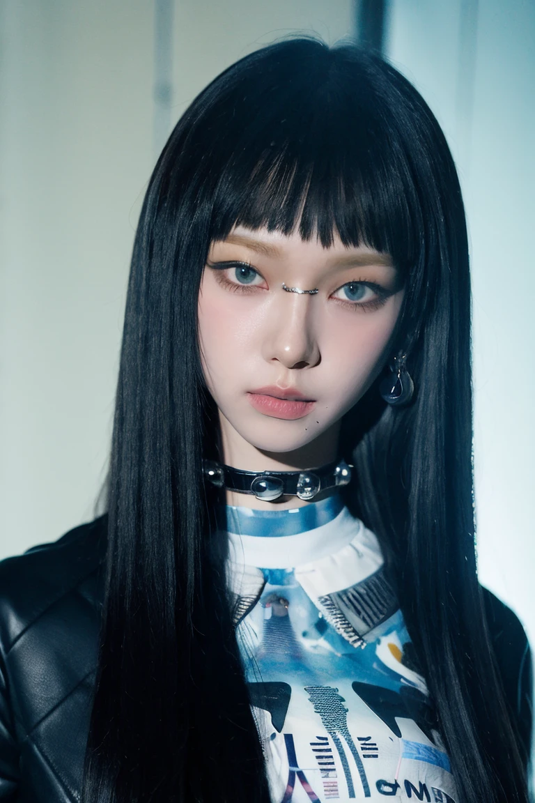 (4k, best quality, highres:1.1), (masterpiece:1.1),
1girl, solo, detailed eyes, black hair, jacket, black jacket, bangs, looking at viewer, parted lips, upper body, long hair, shirt, choker, blunt bangs, black eyes, (mole under mouth:0.3),
unreal void background,