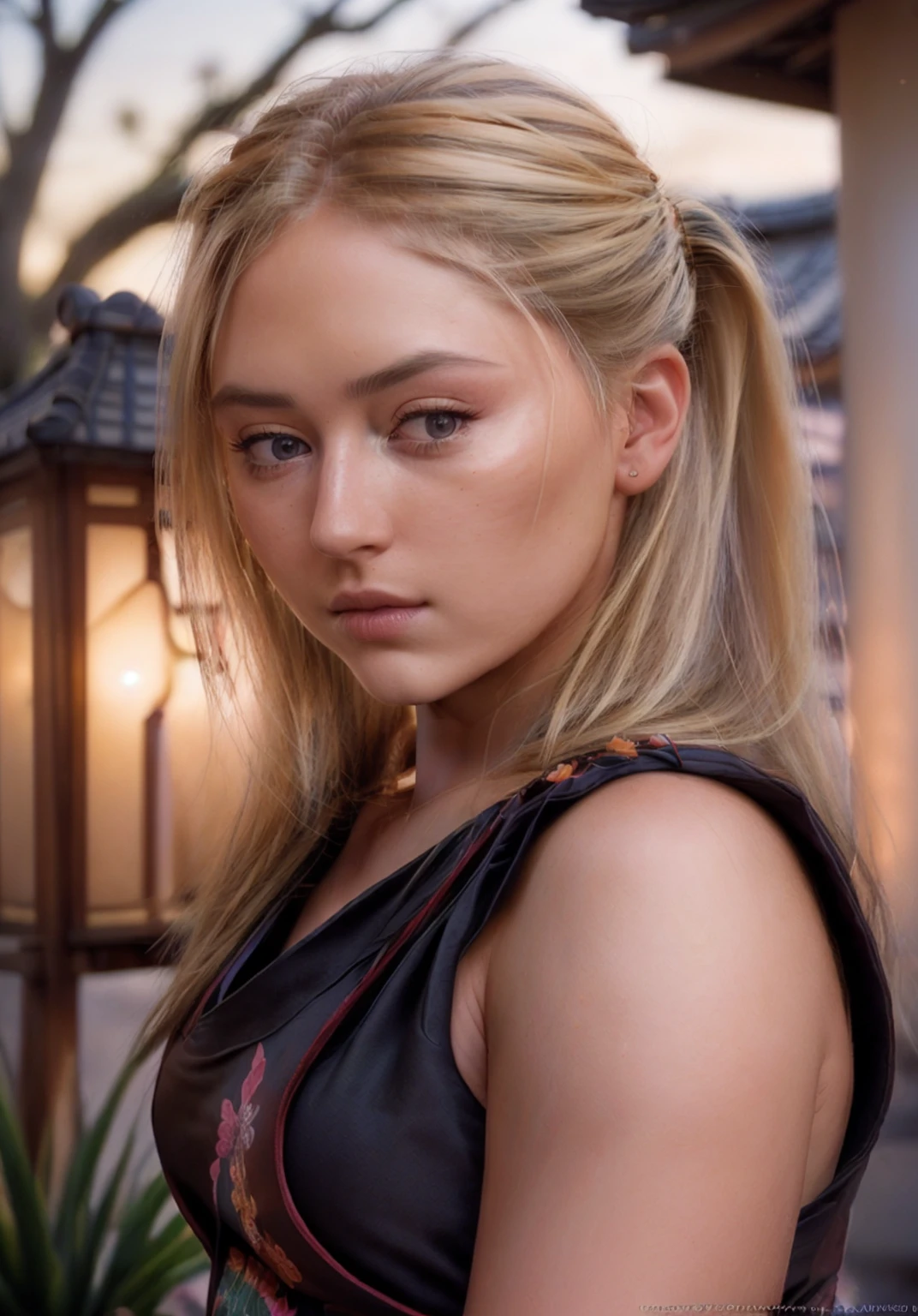 Young allisonangel123 with long blonde hair, English, temple, cherry blossom petals falling, illuminated lanterns, glowing sunrise, tranquil lighting, ethereal lighting, delicate shadows, ((beautiful detailed eyes, symmetrical eyes) , dramatic lighting, (photorealism:1.5) , (photorealistic:1.4) , (8k, RAW photo, masterpiece) , High detail RAW color photo, a professional photo, realistic, (highest quality) , (best shadow) , (best illustration) , ultra high resolution, highly detailed CG unified 8K wallpapers, physics-based rendering, photo, realistic, realism, high contrast, hyperrealism, photography, f1. 6 lens, rich colors, hyper-realistic lifelike texture, cinestill 800)and ponytail, wearing samurai armor, standing in a Japanese garden, <lora:allisonangel123:1>,