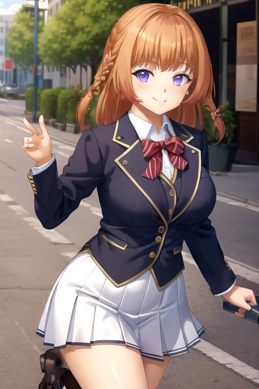 ((masterpiece)),(best quality),official art,extremely delicate and beautiful,extremely detailed CG,unity 8k wallpaper,ultra detailed,beautiful detailed eyes,extremely detailed face,outdoors,1girl,solo,cowboy shot,looking at viewer,facing viewer,smile,Takatsuki Yua,medium hair,orange hair,hair intakes,braid,blunt bangs,purple eyes,school uniform,black jacket,blazer,red bowtie,white shirt,collared shirt,long sleeves,large breasts,skindentation,miniskirt,white skirt,pleated skirt,black socks,loafers,black footwear,<lora:Takatsuki Yua(rk):0.8>,