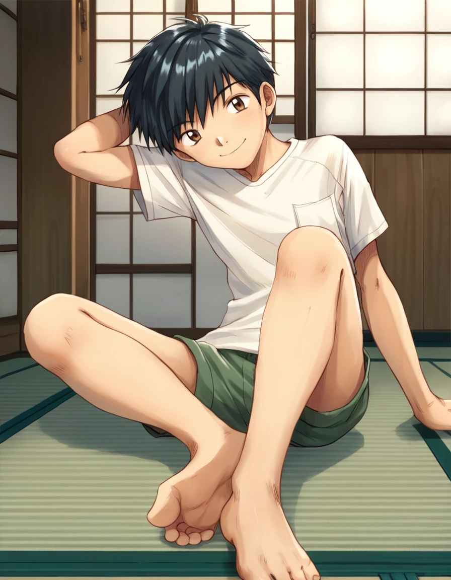 score_9, score_8_up, score_7_up, score_6_up, indoors, tatami, foreshortening, fisheye, 1boy, brown eyes, black hair, solo, looking at viewer, smile, t-shirt, shorts, sitting on floor, barefoot <lora:boys_factoryXL_AMXL_v3b:0.9>