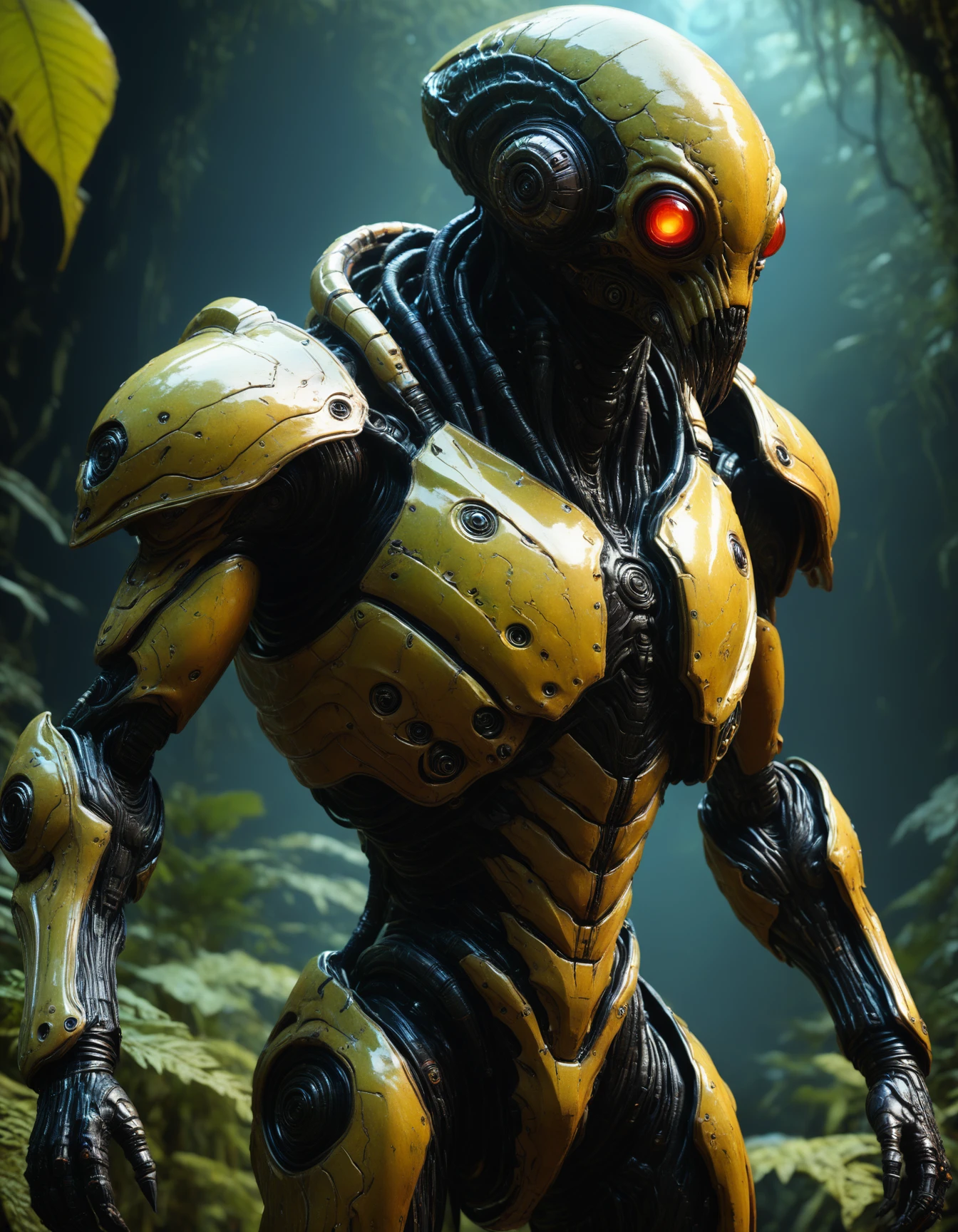 hyper realistic and highly detailed, full body view, full shot photo of an otherworldly monstrous alien creature wearing advanced power armor, standing in the middle of a dark jungle of a distant planet, (bizarre, metallic:1.5), photorealistic and highly detailed skin, visible pores, ultra detailed skin textures, (professional, finest details, maximized details, ultimate detail level, masterpiece, best quality:1.5), black and asphalt grey hue, duo toned,  highly dynamic, highly dramatic volumetric lighting
 <lora:artialien:0.7> artialien