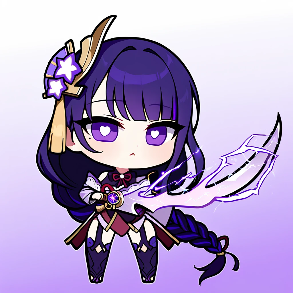 masterpiece,great,best,1girl,chibi,raiden shogun,holding sword,heart,star \(symbol\),gradient background,purple background,electricity,white background,