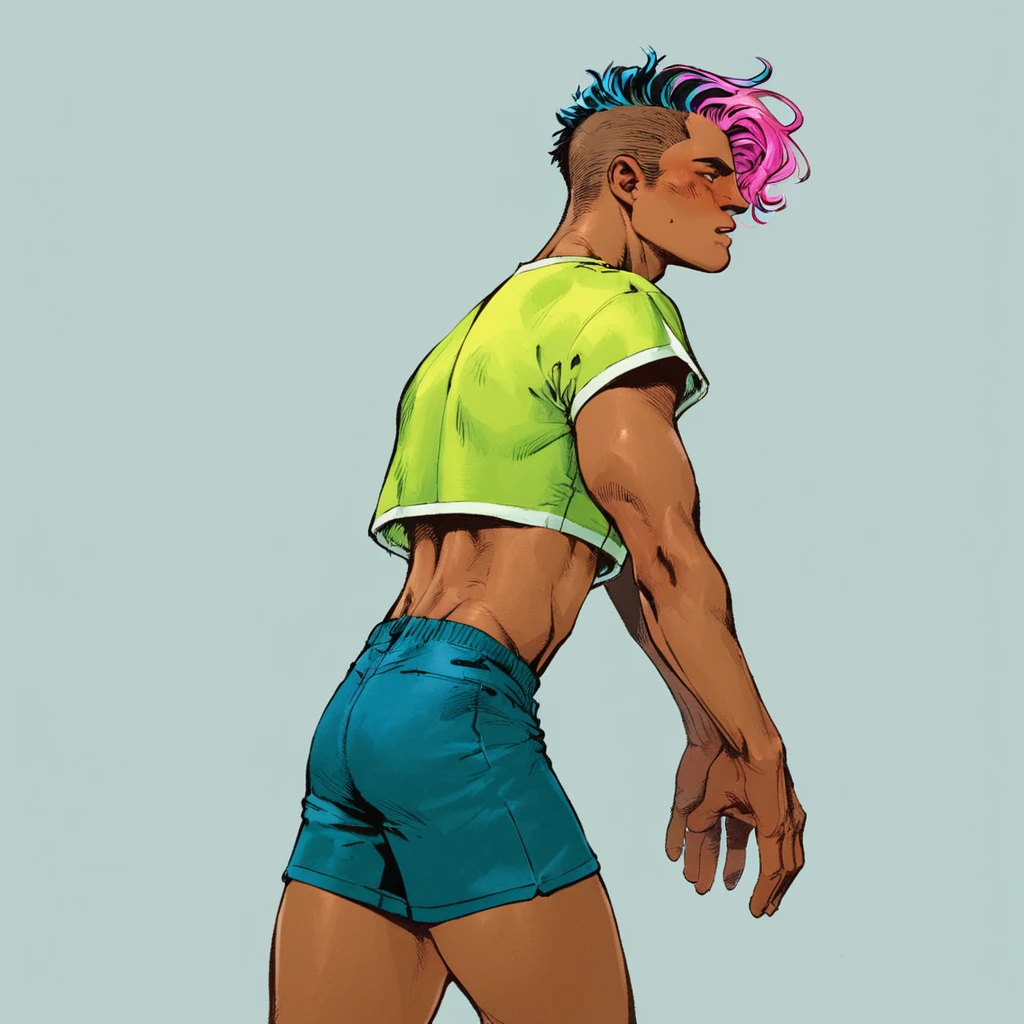 ((2heads)),(masterpiece, award winning, best quality:1.3), (flat color:1.3),(looking at viewer,1boy,((solo)), dancing on the dance floor with a transgender woman(2D:1.3), perfect lighting, perfect shading, (realistic:1.2), (mature adult:1.27), (dynamic pose), detailed, intricate, beautiful, gorgeous stunning, cinematic, epic, speedo, tank top
