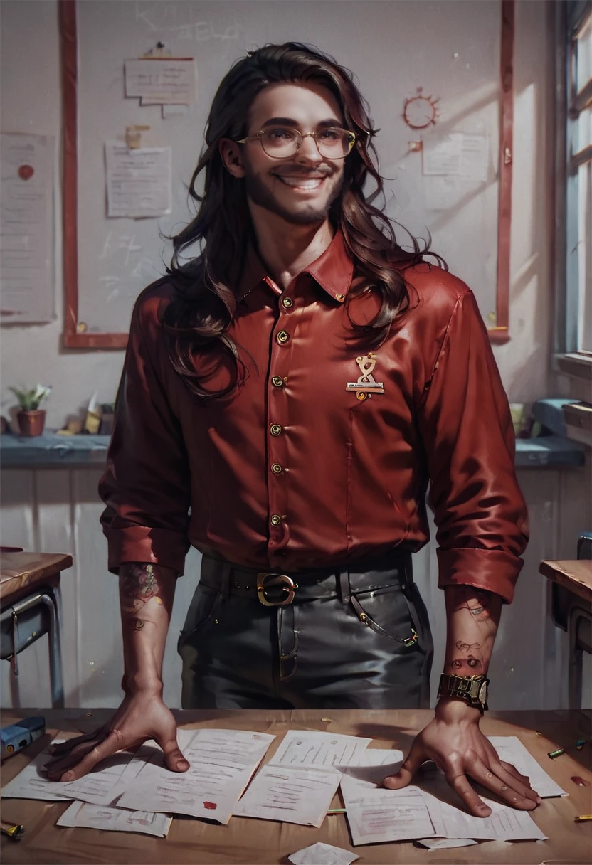 score_9, score_8_up, score_7_up, score_6_up, score_5_up, score_4_up,
, <lora:MilfredPXL:1> 1boy, solo, arm tattoo,   red button-up shirt, rolled up sleeves Dark grey chinos, Leather watch, glasses, classroom, smile, ohikaenasutte, full body,