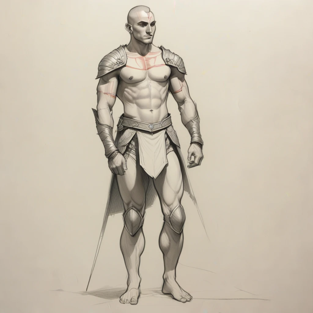artpnclrpg, doodle, sketch, gradient, muscular, grey background, armor, necklace, bandages, testicles, barefoot, pompadour, bald, bara, short hair, pants, tattoo, dagger, male underwear, nipples, full body