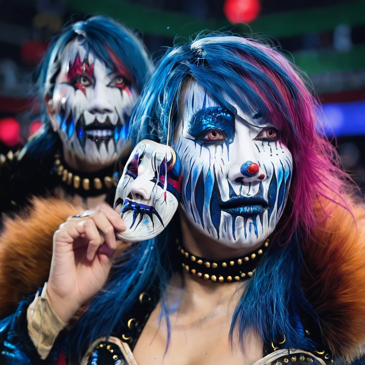 score_9, score_8_up,, 1 girl,female focus, facemask in hand, at stage, headshot, <lora:Asuka_-_Wrestler:1> asuka, blue hair, long hair, japanese female, Clown Facepaint, facemask in hand,