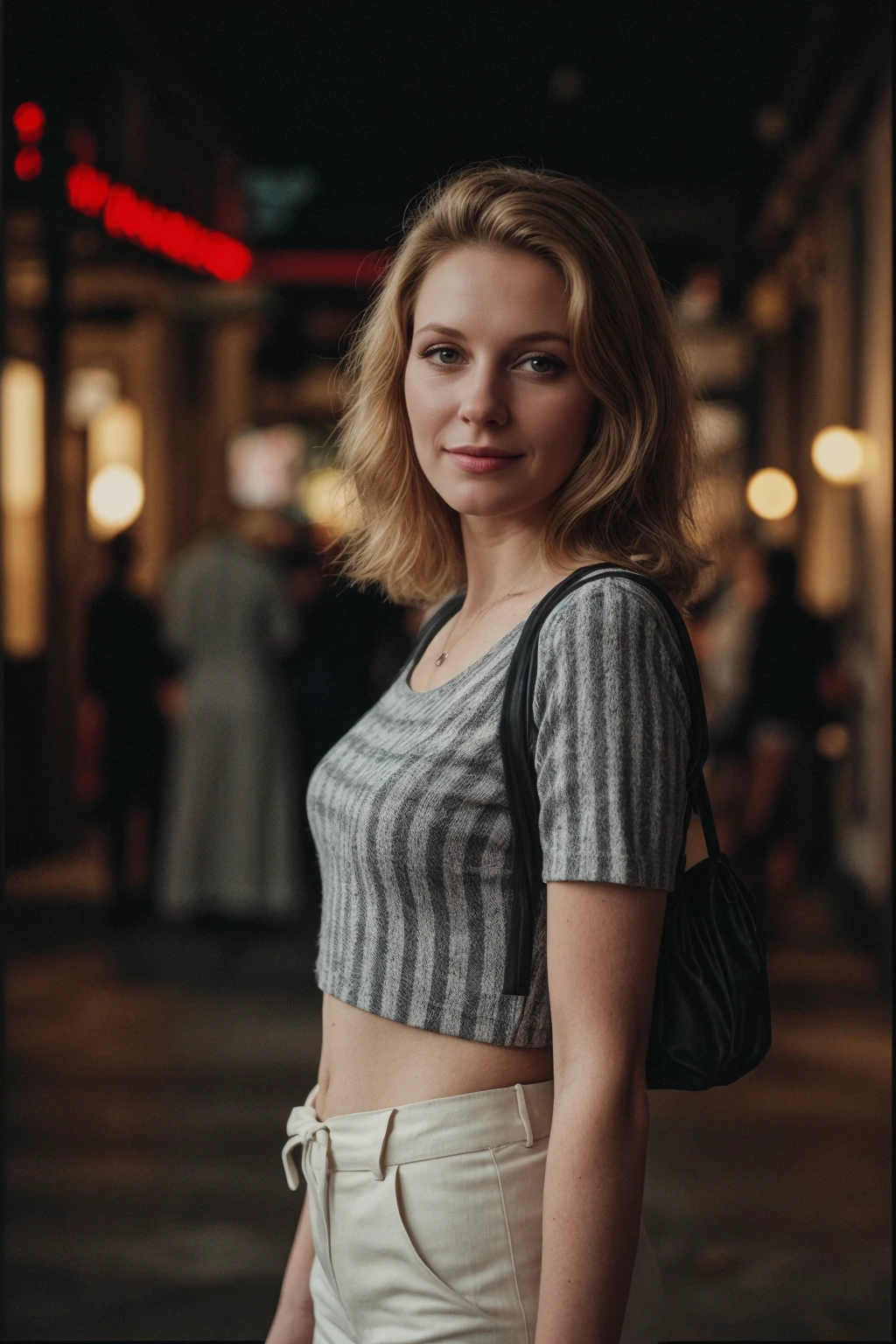 self confident young woman with short blond hair with grey skirt hugging light pole