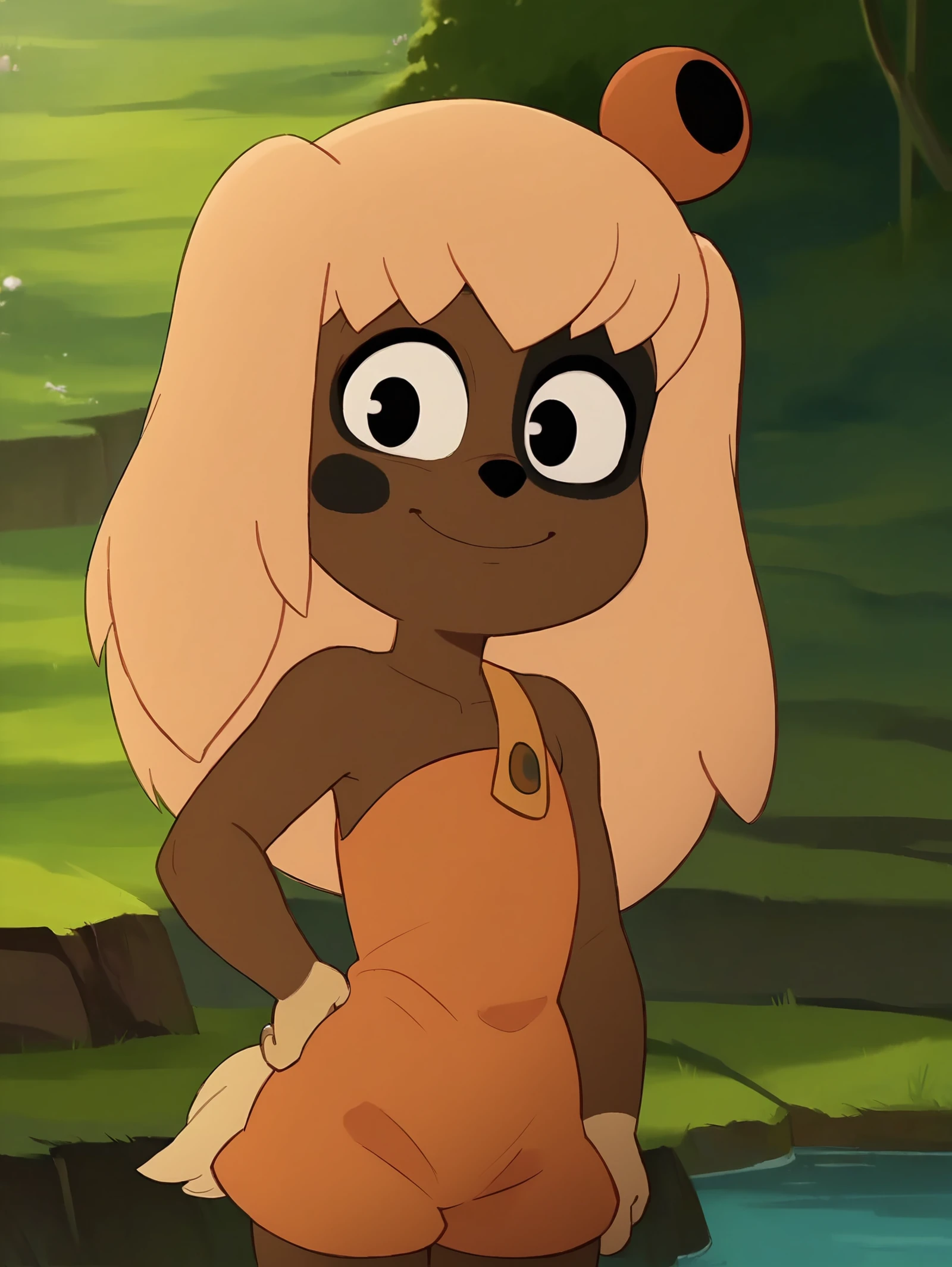 <lora:LilottePony1.1:1> lilotte, solo, 1girl, furry female, long hair, dog ears, black eyes, dog tail, orange overalls, blonde hair, outdoors, dog girl, smile, looking at viewer, hand on own hip, cowboy shot,, score_9, score_8_up, score_7_up, score_6_up, score_5_up, score_4_up