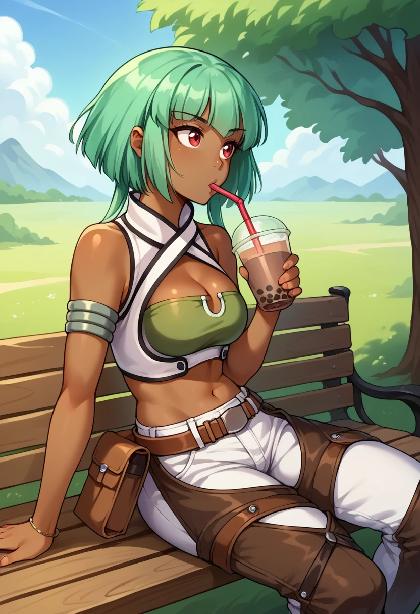 score_9, score_8_up, source_anime, 1girl, solo, EmeraldSustrai, dark skin, short hair with long locks, green bustier, white vest, criss-cross halter, cleavage, armlet, midriff, white pants, brown belt, leather legwear, brown legwear, outdoors, sitting, on bench, drinking, sipping, straw, bubble tea, <lora:ChamEmeraldSustraiPonyXL:1>