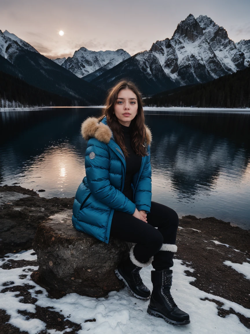 RAW photo, tv_Erica_Madsen_MXAI, , sad expression, wearing a winter coat, wearing winter pants, wearing winter boots, sitting on a rock by a frozen mountain lake, midnight, moonlight, shot from the side, PA7_Portrait-FL , detailed high contrast background, bright vivid high contrast colours,, (((Ultra-HD-details, Ultra-HD-detailed, Ultra-HD-realistic, Ultra-HD-photo-same-realistic-quality-details))), 8k uhd, dslr, soft lighting, high quality, film grain, Fujifilm XT3