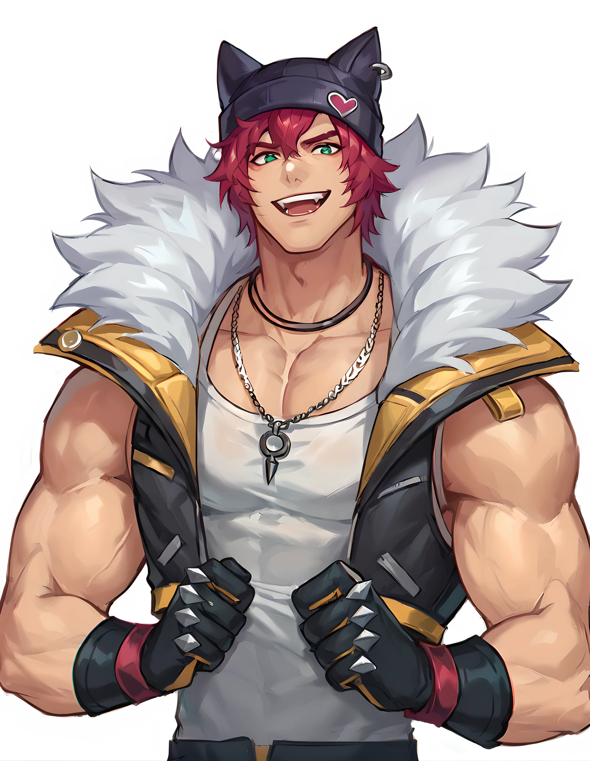 score_9, score_8_up, score_7_up, <lora:Heartsteel_Sett2:0.75>, hs sett, solo, green eyes, gloves, 1boy, jewelry, jacket, upper body, male focus, red hair, sleeveless, black gloves, necklace, fur trim, muscular, pectorals, muscular male, animal ears, black headwear, animal hat, white tank top, smile, upper teeth