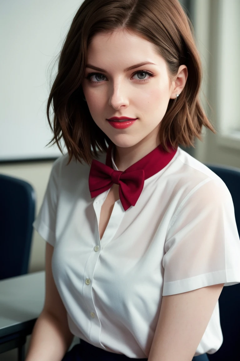 ak, ,photo of a woman, RAW, close portrait photo, ((bowtie, shirt)),((short hair)), ((classroom, sitting)), slim body, ((detailed skin, detailed face):1.2), ((detailed eyes, beautiful eyes)), 8k uhd, dslr, soft lighting, high quality, film grain, Fujifilm XT3 sharp focus, f 5.6,((red lipstick, blush)) , slight smile