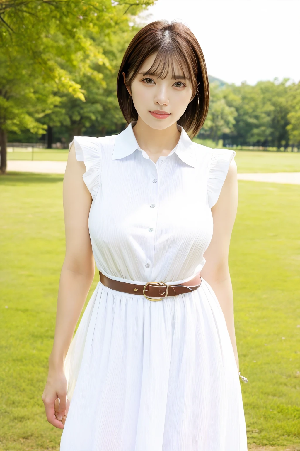 1girl, maitsubasa_jav, breasts, short hair, brown eyes,
wearing collared white dress, belt, jewelry, outdoors,
detailed body, attractive body, perfect human body, cowboy shot,
looking at viewer, shot using canon DSLR,
(ultimate quality, masterpiece, highres:1.0), realistic:1.8, photorealistic, <lora:JAV_mai_tsubasa_v1_epoch_12:0.9>
