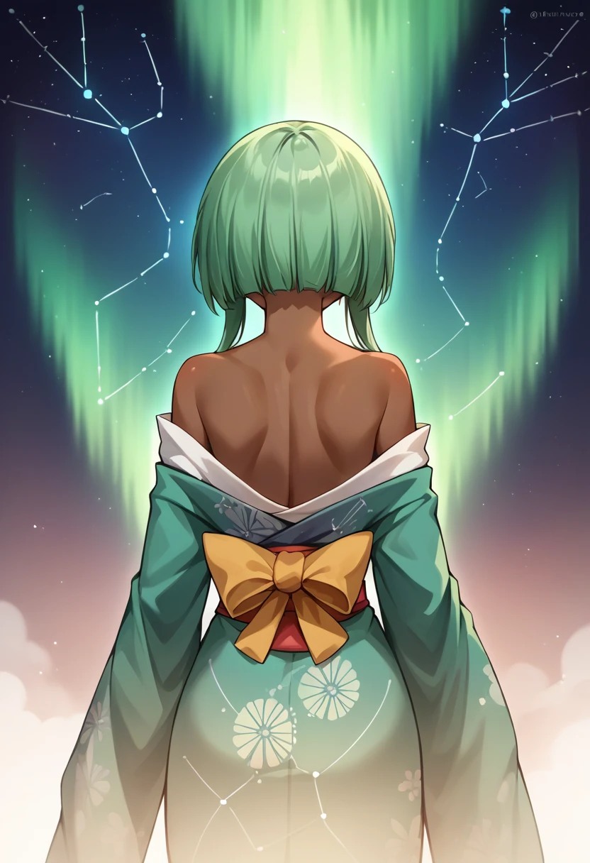 score_9, score_8_up, source_anime, 1girl, solo, EmeraldSustrai, dark skin, short hair with long locks, aurora, back, bare back, bare shoulders, constellation, from behind, kimono, light particles, long sleeves, off shoulder, <lora:ChamEmeraldSustraiPonyXL:1>