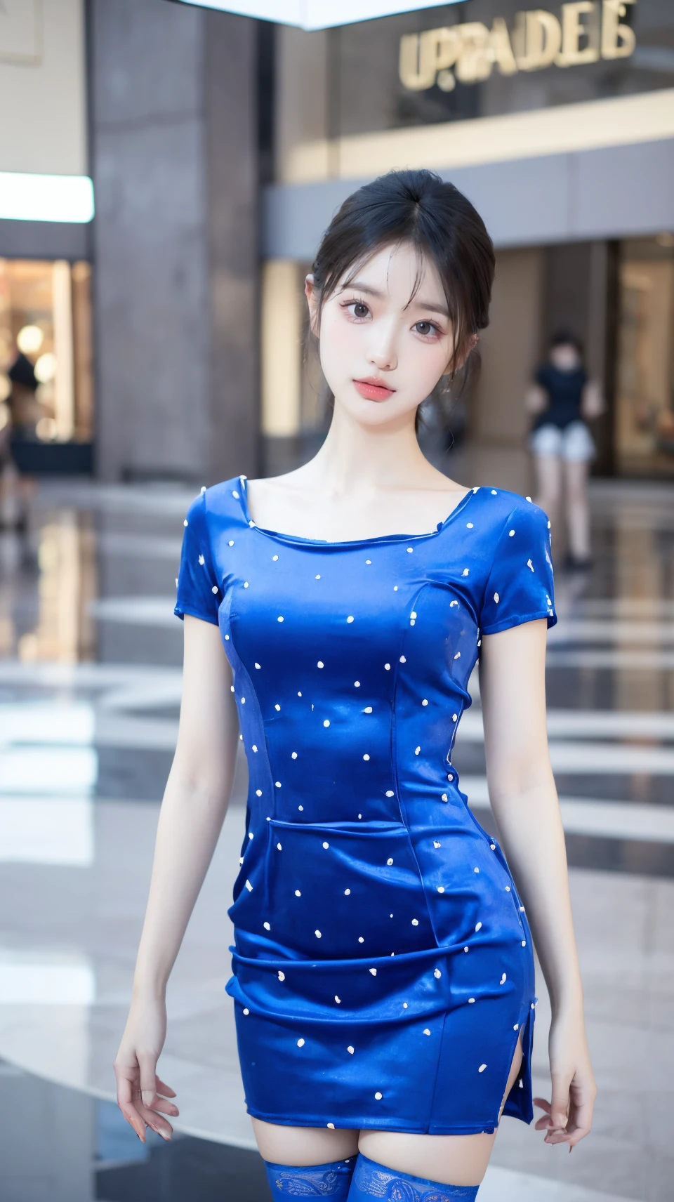 (masterpiece, best quality:1.2),bright colors,solo,photo_,(1girl:1.3),(standing:1.3),(looking at viewer:1.4),Elegant,detailed gorgeous face,(upper body:1.1),realistic,(mall background:1.4),,MIS,blue dress,thighhighs,short sleeves,<lora:MIS69:0.75>