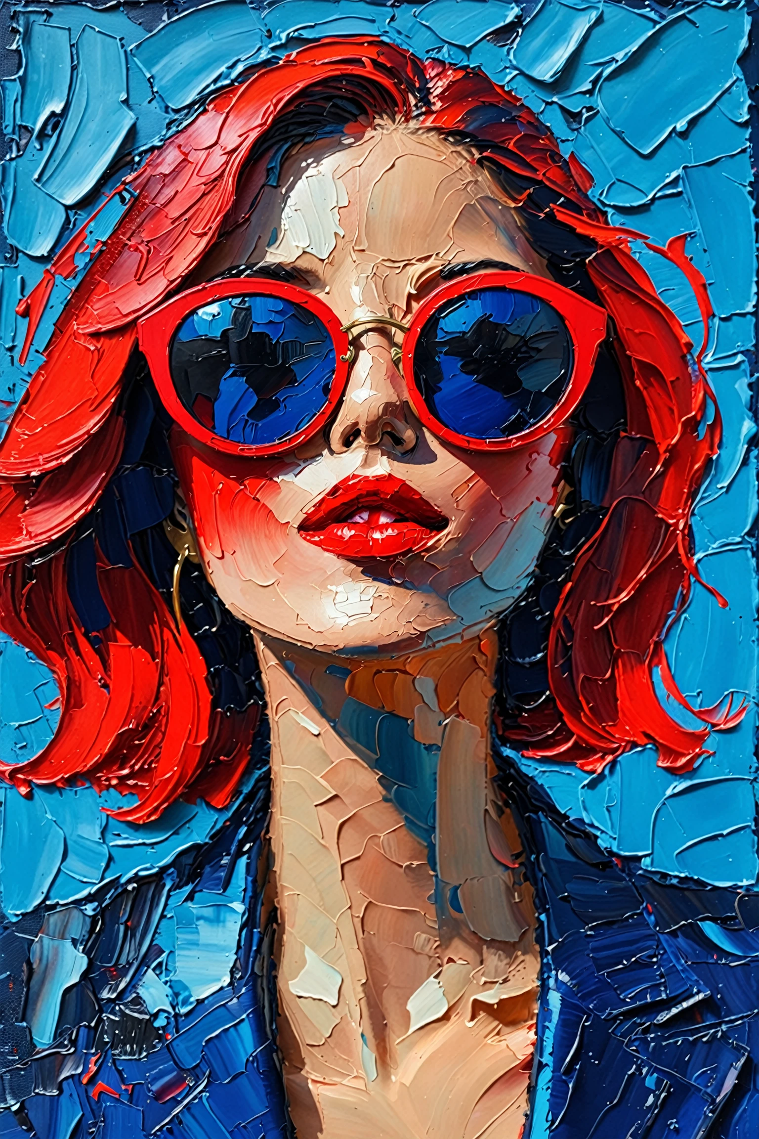 A vibrant and textured portrait of a woman. She has a pair of large, round red sunglasses that cover her eyes, revealing only her lips which are painted in a bold shade of red. Her hair is a mix of dark blue and black, and it appears to be slicked back. The background is a vivid shade of blue, and the entire artwork seems to be created using thick, impasto brush strokes, giving it a three-dimensional feel.<lora:EMS-387362-EMS:0.800000>