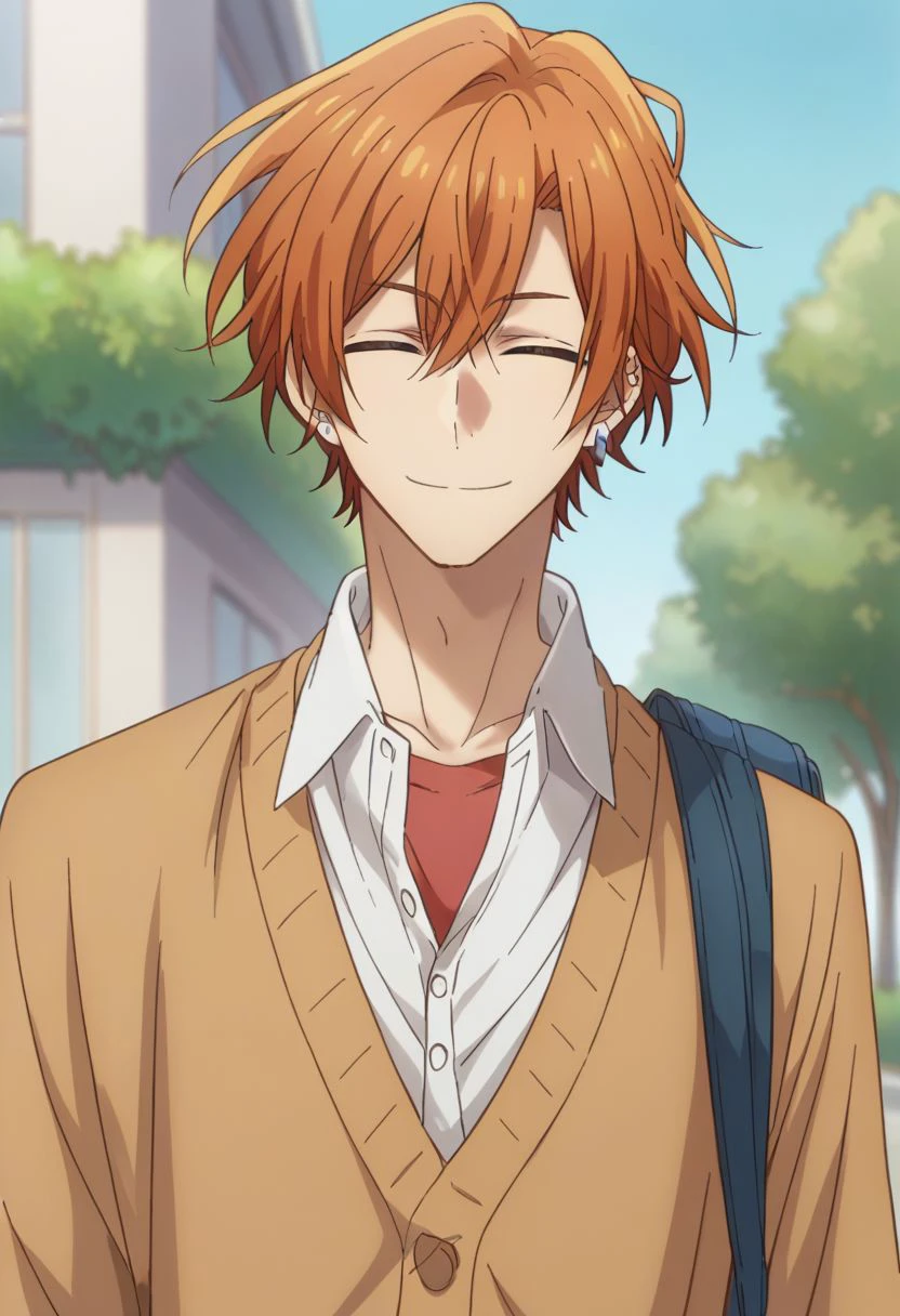 score_9, score_8_up, source_anime, highly detailed, 1boy, 
sasaki, 1boy, male focus, closed eyes, shirt, smile, solo, white shirt, facing viewer, orange hair, upper body, jewelry, earrings, cardigan, bag, collared shirt, school uniform,
outdoor,